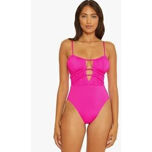 BECCA Santorini Sarai One Piece Swimsuit Plunge Neck Pink Flame Size Large NEW